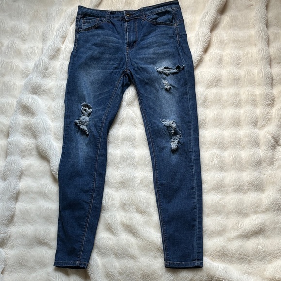 Juniors Women’s Wax Jean Dark Blue Ripped Skinny Jeans 7 - Picture 1 of 9
